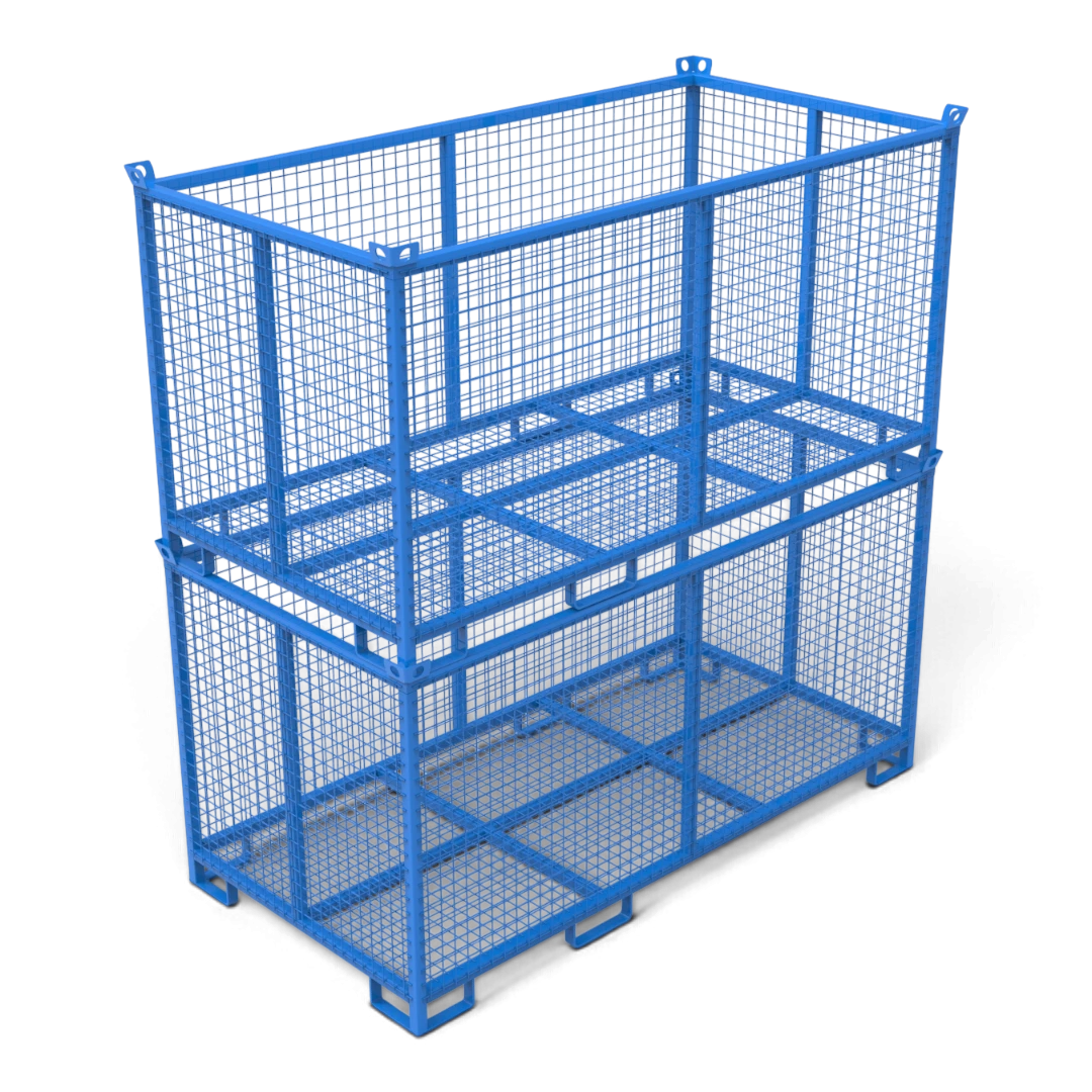 Gitterbox aus Stahl in Sondergrößen – verschweißter Quadratrohr-Rahmen mit Gitterboden, stapelbar. Für Lager, Transport und Außenbereich.