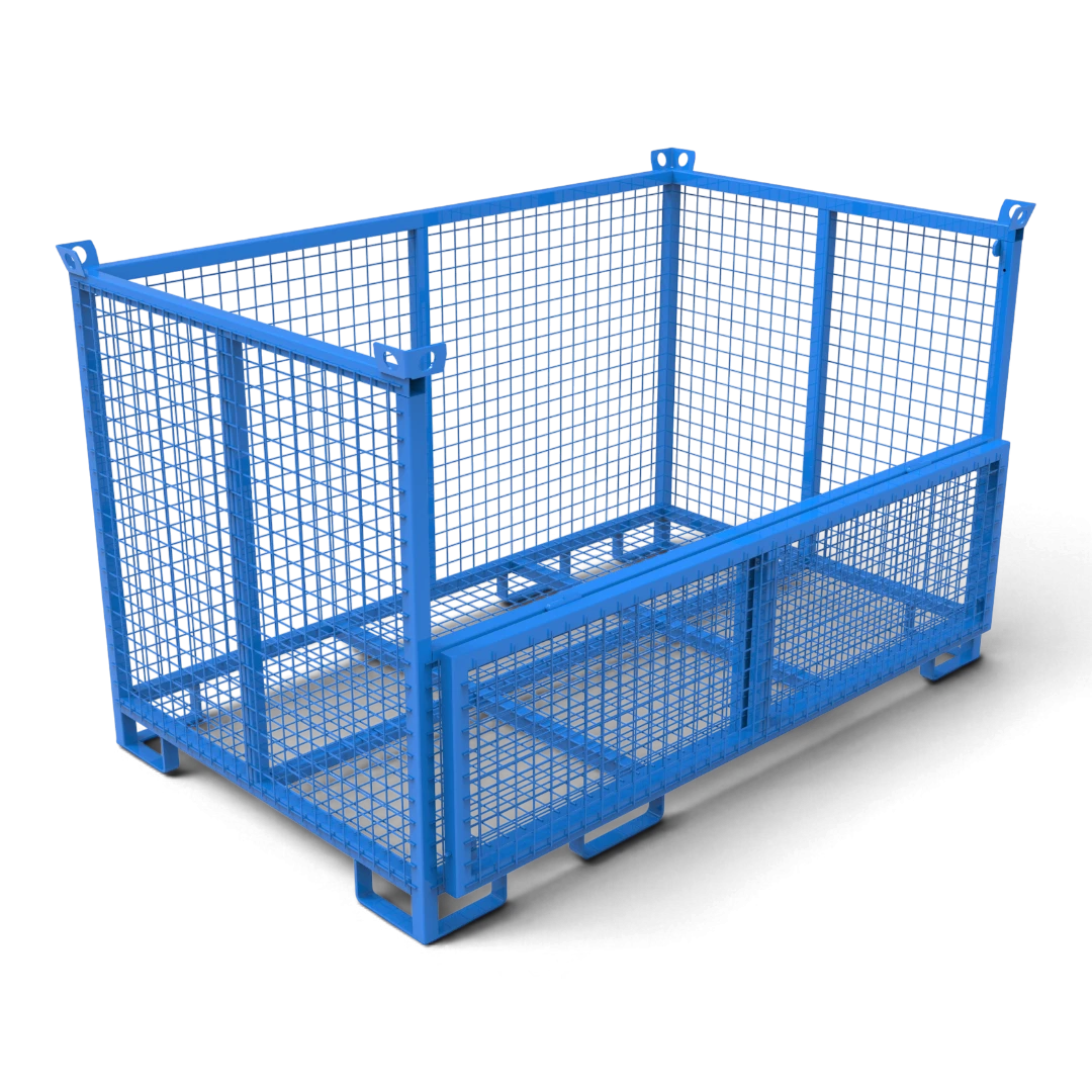Gitterbox mit klappbarer Frontwand – halbhohe Klappe zum bequemen Be- und Entladen, verschweißter Quadratrohr-Rahmen, stapelbar.
