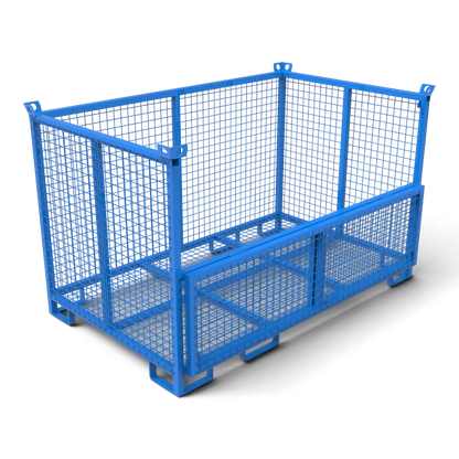 Gitterbox mit klappbarer Frontwand – halbhohe Klappe zum bequemen Be- und Entladen, verschweißter Quadratrohr-Rahmen, stapelbar.