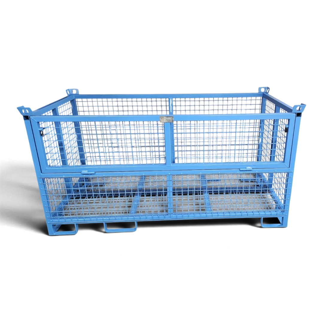 Gitterbox mit klappbarer Frontwand – halbhohe Klappe zum bequemen Be- und Entladen, verschweißter Quadratrohr-Rahmen, stapelbar.