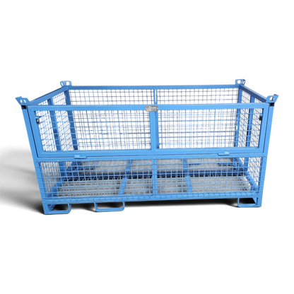 Gitterbox mit klappbarer Frontwand – halbhohe Klappe zum bequemen Be- und Entladen, verschweißter Quadratrohr-Rahmen, stapelbar.