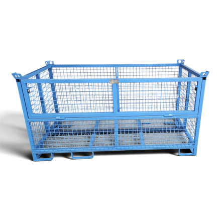 Gitterbox mit klappbarer Frontwand – halbhohe Klappe zum bequemen Be- und Entladen, verschweißter Quadratrohr-Rahmen, stapelbar.