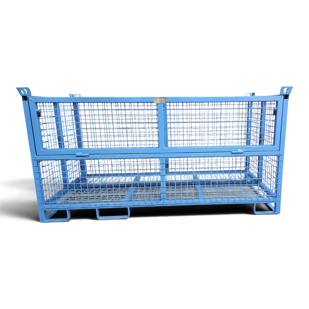 Gitterbox mit klappbarer Frontwand – halbhohe Klappe zum bequemen Be- und Entladen, verschweißter Quadratrohr-Rahmen, stapelbar.