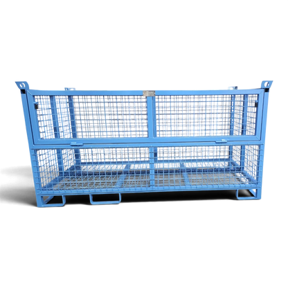 Gitterbox mit klappbarer Frontwand – halbhohe Klappe zum bequemen Be- und Entladen, verschweißter Quadratrohr-Rahmen, stapelbar.
