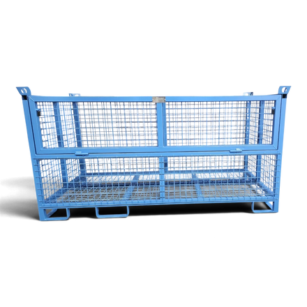 Gitterbox mit klappbarer Frontwand – halbhohe Klappe zum bequemen Be- und Entladen, verschweißter Quadratrohr-Rahmen, stapelbar.