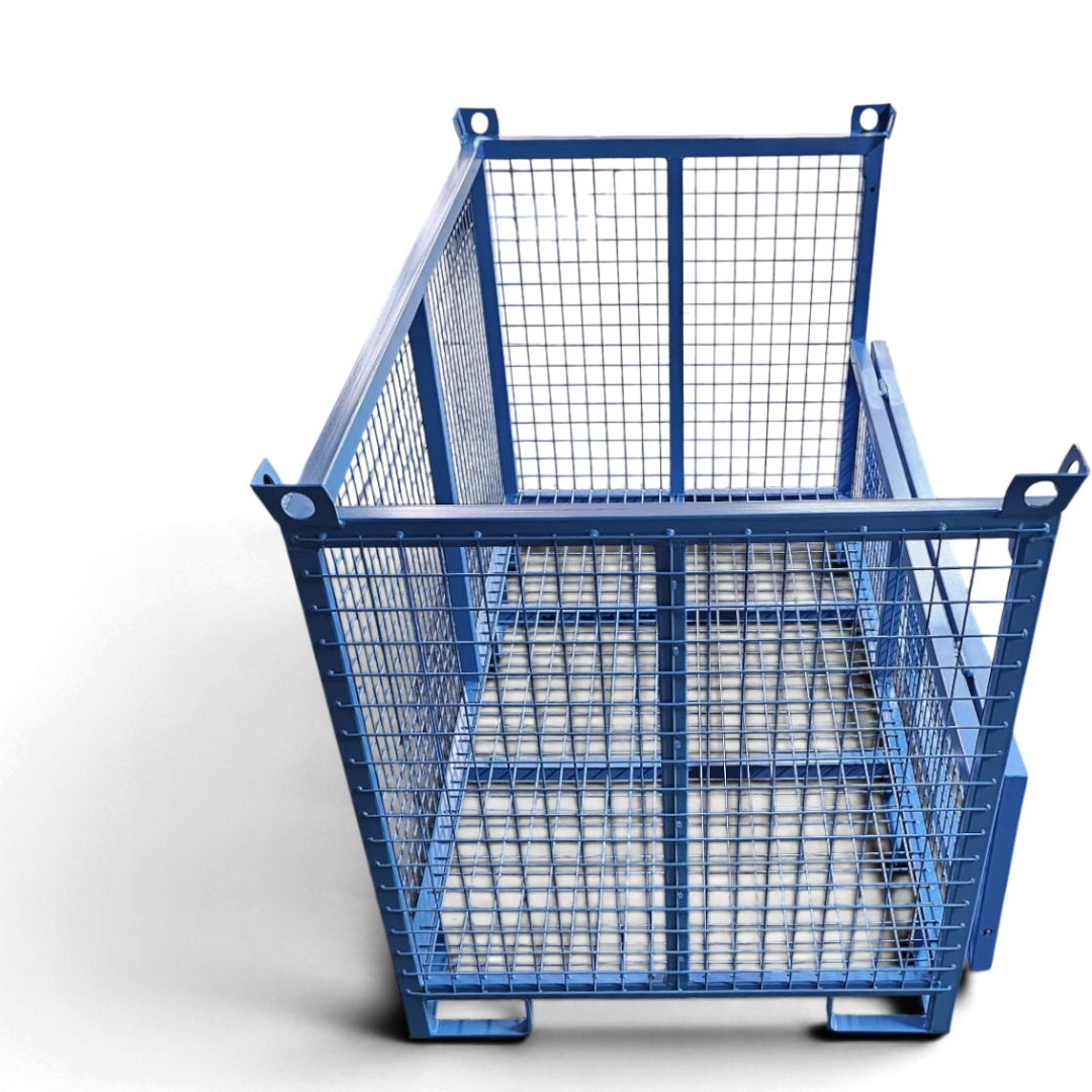 Gitterbox mit klappbarer Frontwand – halbhohe Klappe zum bequemen Be- und Entladen, verschweißter Quadratrohr-Rahmen, stapelbar.