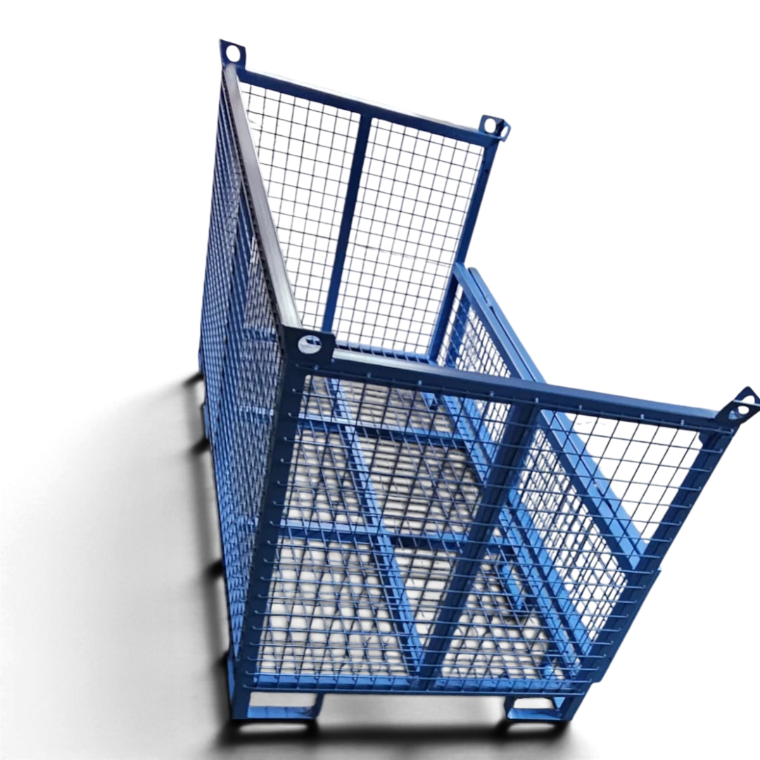 Gitterbox mit klappbarer Frontwand – halbhohe Klappe zum bequemen Be- und Entladen, verschweißter Quadratrohr-Rahmen, stapelbar.