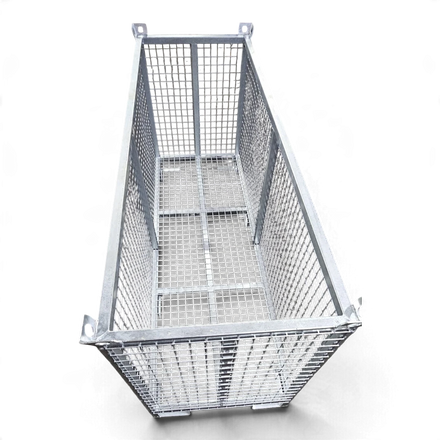 Gitterbox aus Stahl in Sondergrößen – verschweißter Quadratrohr-Rahmen mit Gitterboden, stapelbar. Für Lager, Transport und Außenbereich.