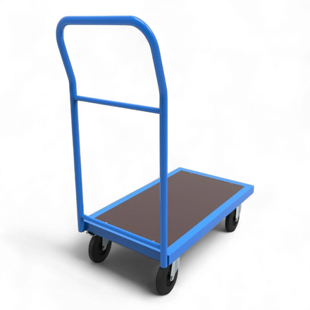 Plattformwagen mit Schiebebügel - Robuste Transportlösung für Lager & Industrie. Stahlrahmen, 4 Lenkrollen, bis 1000 kg Traglast.
