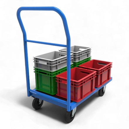 Plattformwagen mit Schiebebügel - Robuste Transportlösung für Lager & Industrie. Stahlrahmen, 4 Lenkrollen, bis 1000 kg Traglast.