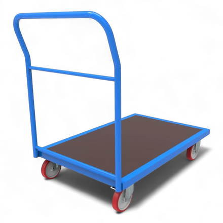 Plattformwagen mit Schiebebügel - Robuste Transportlösung für Lager & Industrie. Stahlrahmen, 4 Lenkrollen, bis 1000 kg Traglast.