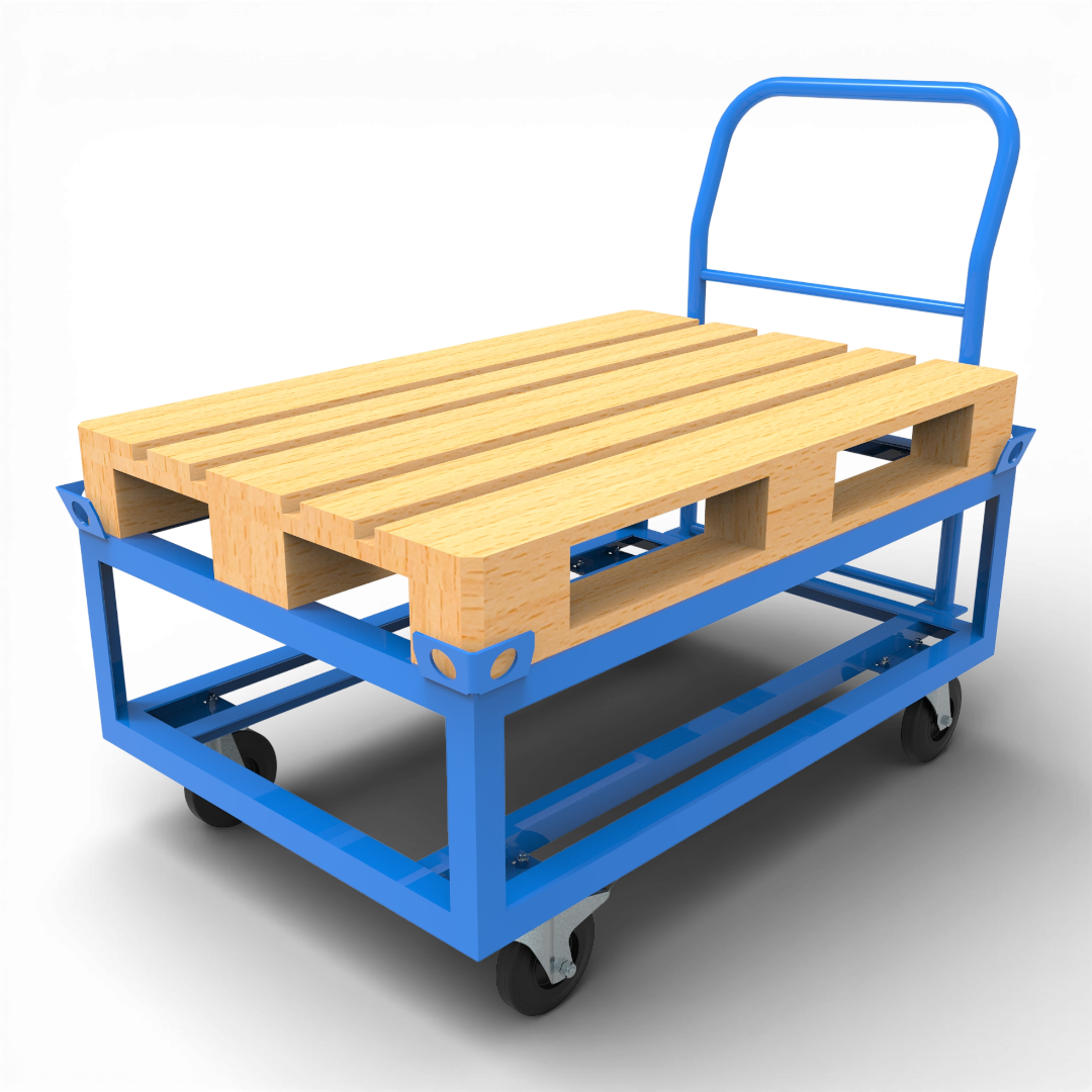 Hoher Transportwagen mit Schiebebügel. Günstiger Kommissionierwagen für Europaletten