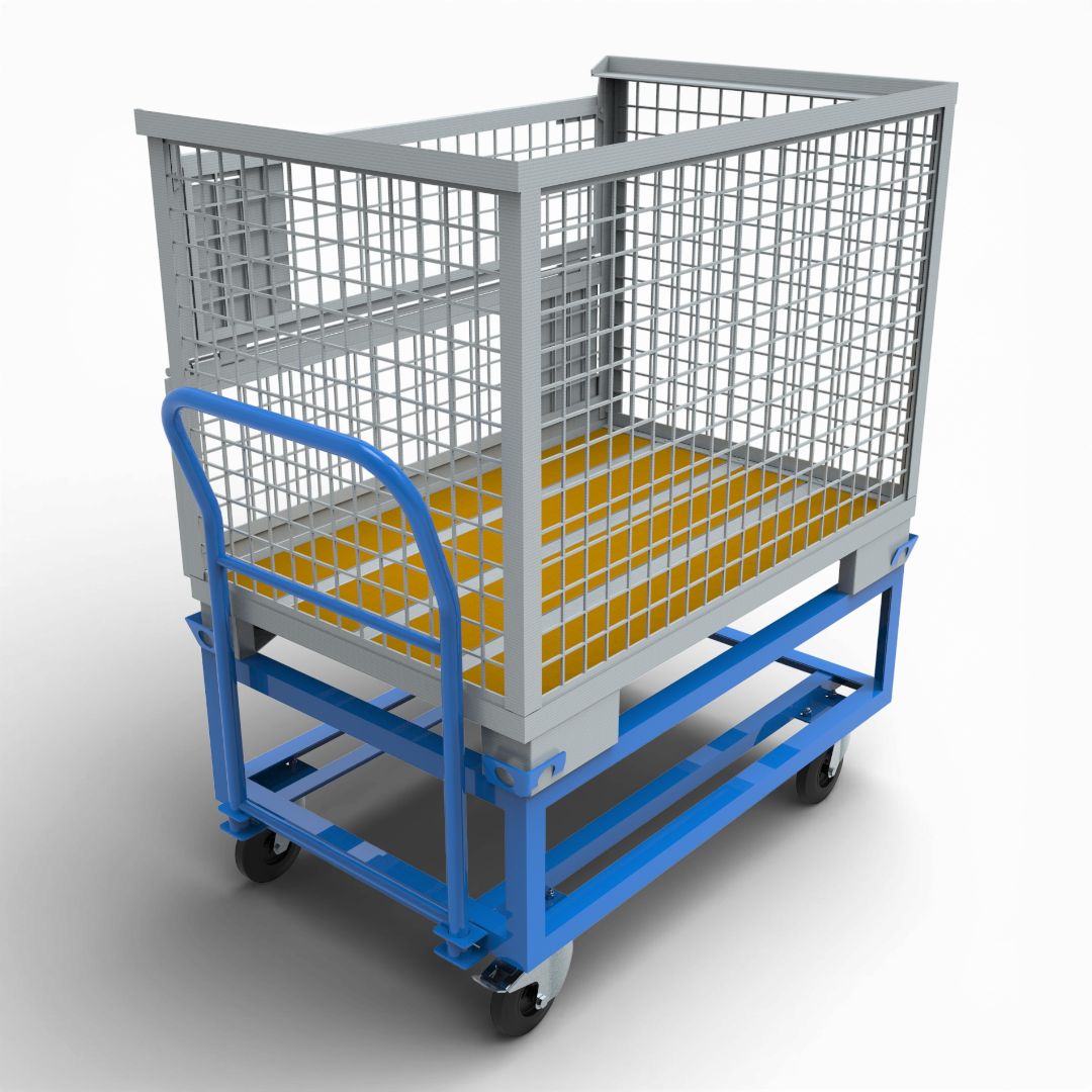 Hoher Transportwagen mit Schiebebügel. Günstiger Kommissionierwagen für Europaletten