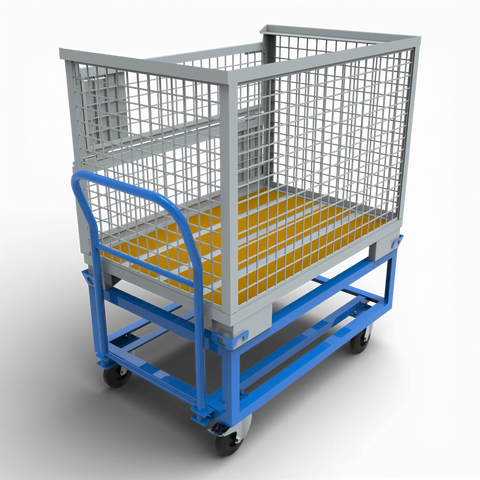 Hoher Transportwagen mit Schiebebügel. Günstiger Kommissionierwagen für Europaletten