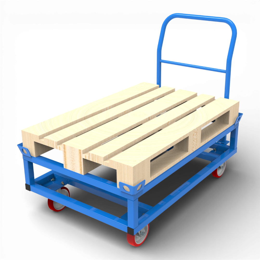 Fahrgestell hoch mit Schiebebügel für Europaletten. Mobile Werkbank 1200 kg aus stabilem Quadratrohr.