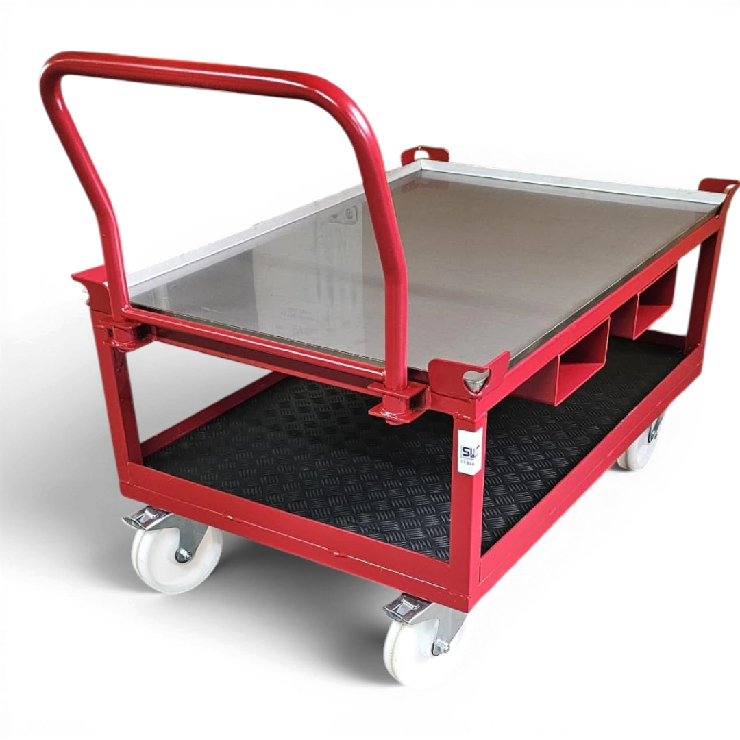 Fahrgestell hoch mit Schiebebügel für Europaletten. Mobile Werkbank 1200 kg aus stabilem Quadratrohr.