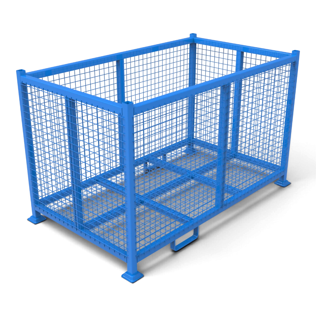 Gitterbox schwer aus Stahl – verschweißter Rahmen aus Formrohr 50x50 mit Gitterboden, Tellerfüße für sichere Stapelung. Für Lager, Transport und Außenbereich.