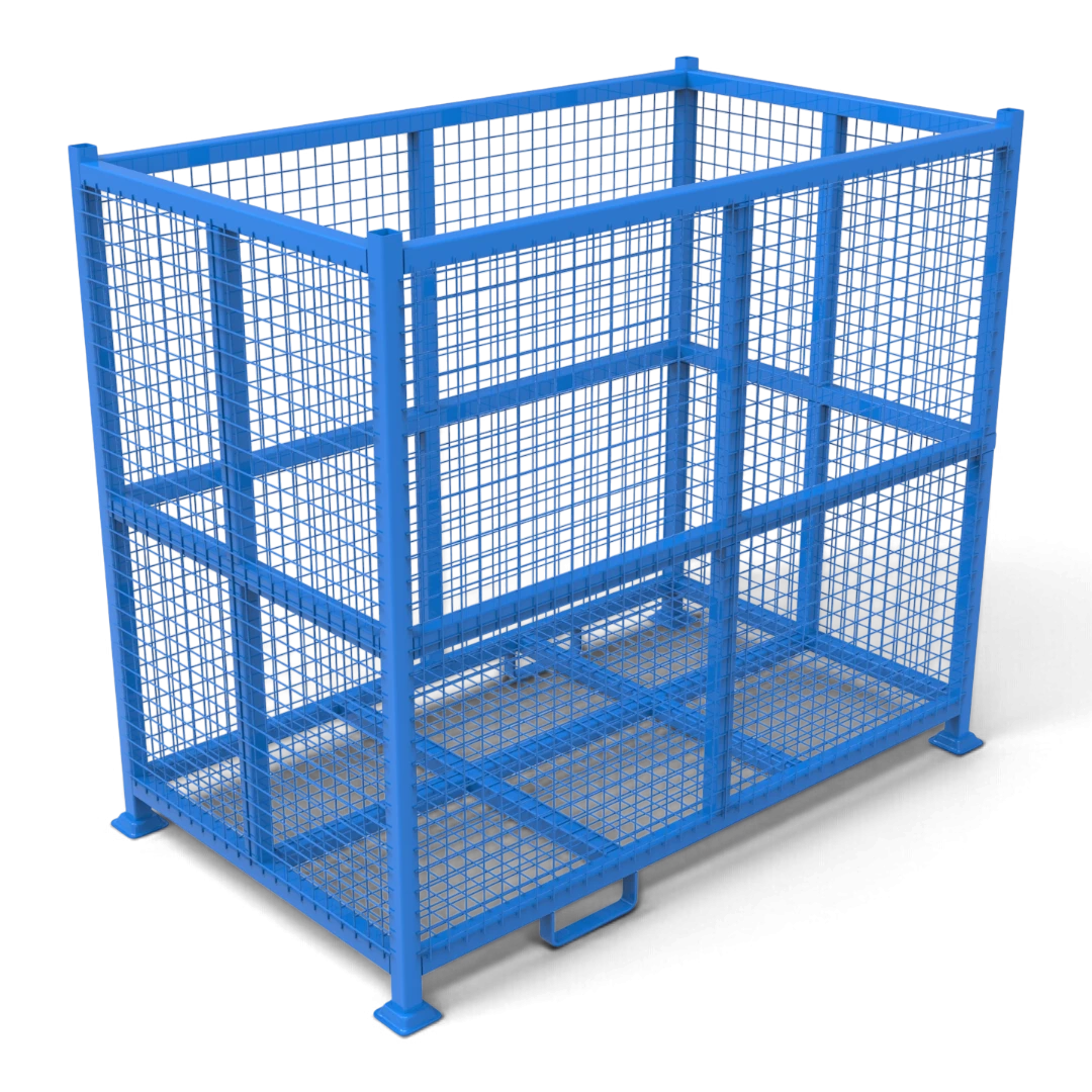 Gitterbox schwer aus Stahl – verschweißter Rahmen aus Formrohr 50x50 mit Gitterboden, Tellerfüße für sichere Stapelung. Für Lager, Transport und Außenbereich.