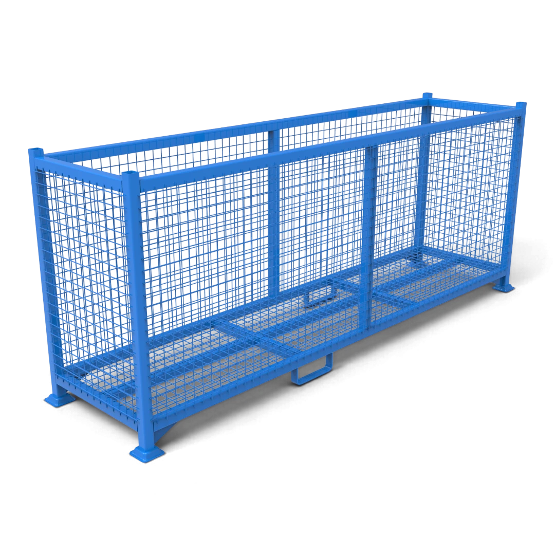Gitterbox schwer aus Stahl – verschweißter Rahmen aus Formrohr 50x50 mit Gitterboden, Tellerfüße für sichere Stapelung. Für Lager, Transport und Außenbereich.