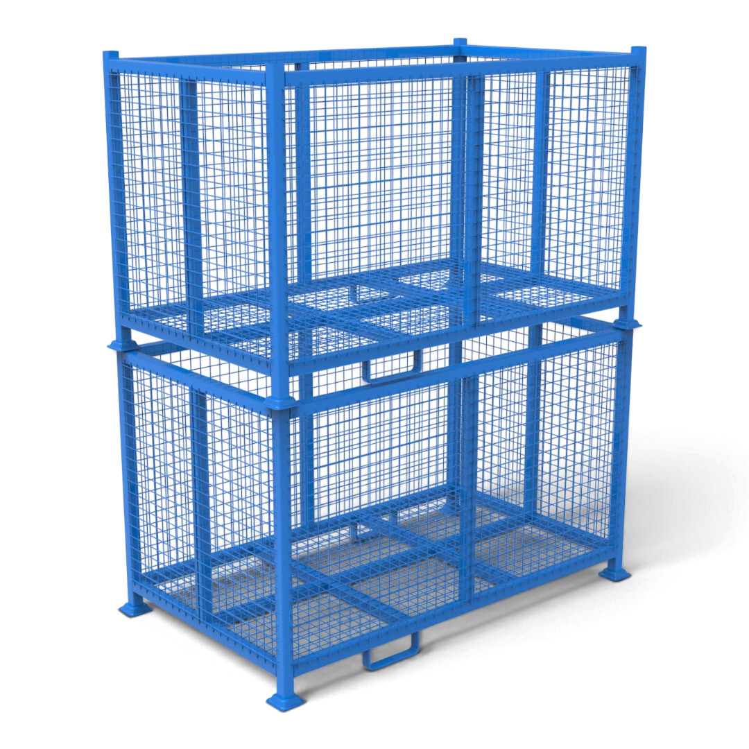 Gitterbox schwer aus Stahl – verschweißter Rahmen aus Formrohr 50x50 mit Gitterboden, Tellerfüße für sichere Stapelung. Für Lager, Transport und Außenbereich.
