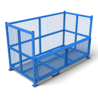 Gitterbox schwer mit klappbarer Frontwand – halbhohe Klappe zum bequemen Be- und Entladen, Rahmen aus Formrohr 50x50, Tellerfüße für sichere Stapelung.