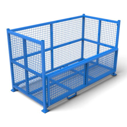 Gitterbox schwer mit klappbarer Frontwand – halbhohe Klappe zum bequemen Be- und Entladen, Rahmen aus Formrohr 50x50, Tellerfüße für sichere Stapelung.