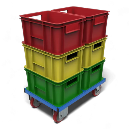 Fahrgestell für Transport von KLT-Kisten – Stabile Stahlkonstruktion mit Lenkrollen. Ideal für Lager und Werkstätten.