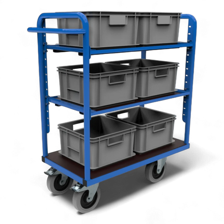 Kommissionierwagen mit mehreren Ebenen, Rollen und Griffen zum Transport von Waren in Lagern. Praktisch für effizientes Kommissionieren und Lagerlogistik.