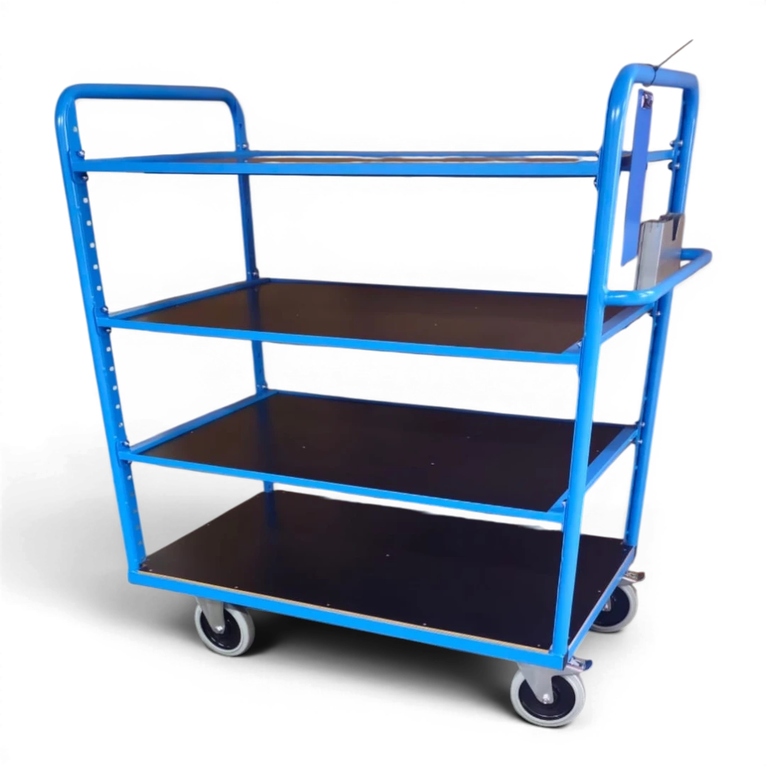 Kommissionierwagen mit mehreren Ebenen, Rollen und Griffen zum Transport von Waren in Lagern. Praktisch für effizientes Kommissionieren und Lagerlogistik.