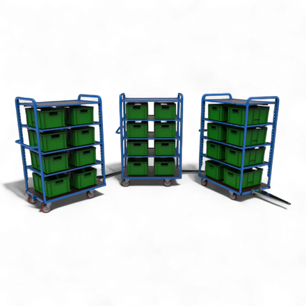 Kommissionierwagen mit mehreren Ebenen, Rollen und Griffen zum Transport von Waren in Lagern. Praktisch für effizientes Kommissionieren und Lagerlogistik.