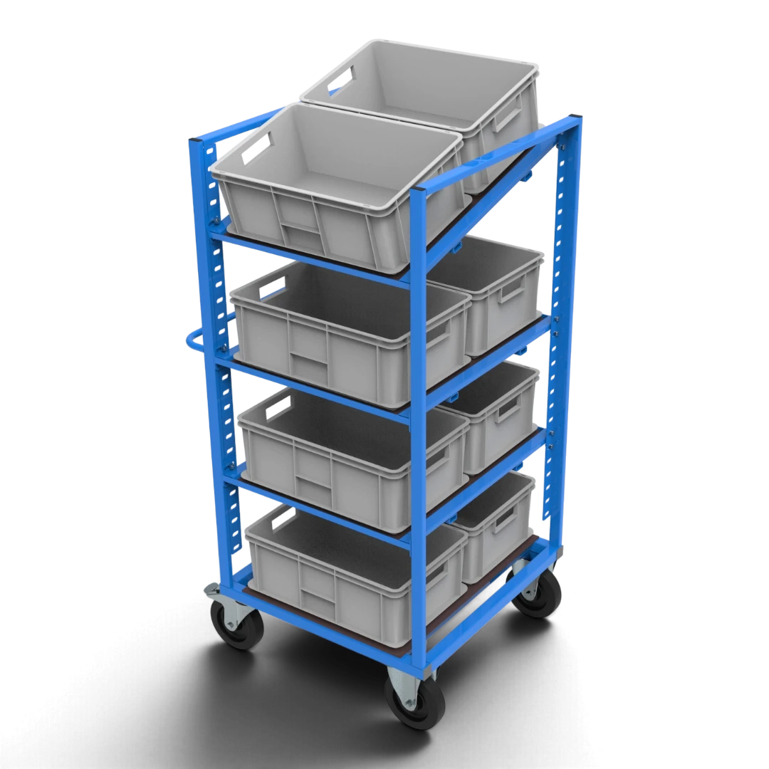 Kommissionierwagen KLT für KLT-Behälter 600×400 mm – höhenverstellbare, neigbare Böden aus Siebdruckplatte und spurfreie Elastikgummirollen.