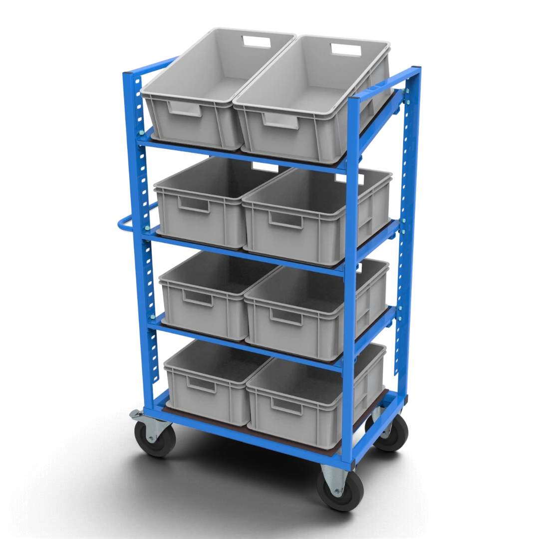 Kommissionierwagen KLT für KLT-Behälter 600×400 mm – höhenverstellbare, neigbare Böden aus Siebdruckplatte und spurfreie Elastikgummirollen.