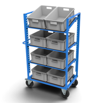 Kommissionierwagen KLT für KLT-Behälter 600×400 mm – höhenverstellbare, neigbare Böden aus Siebdruckplatte und spurfreie Elastikgummirollen.