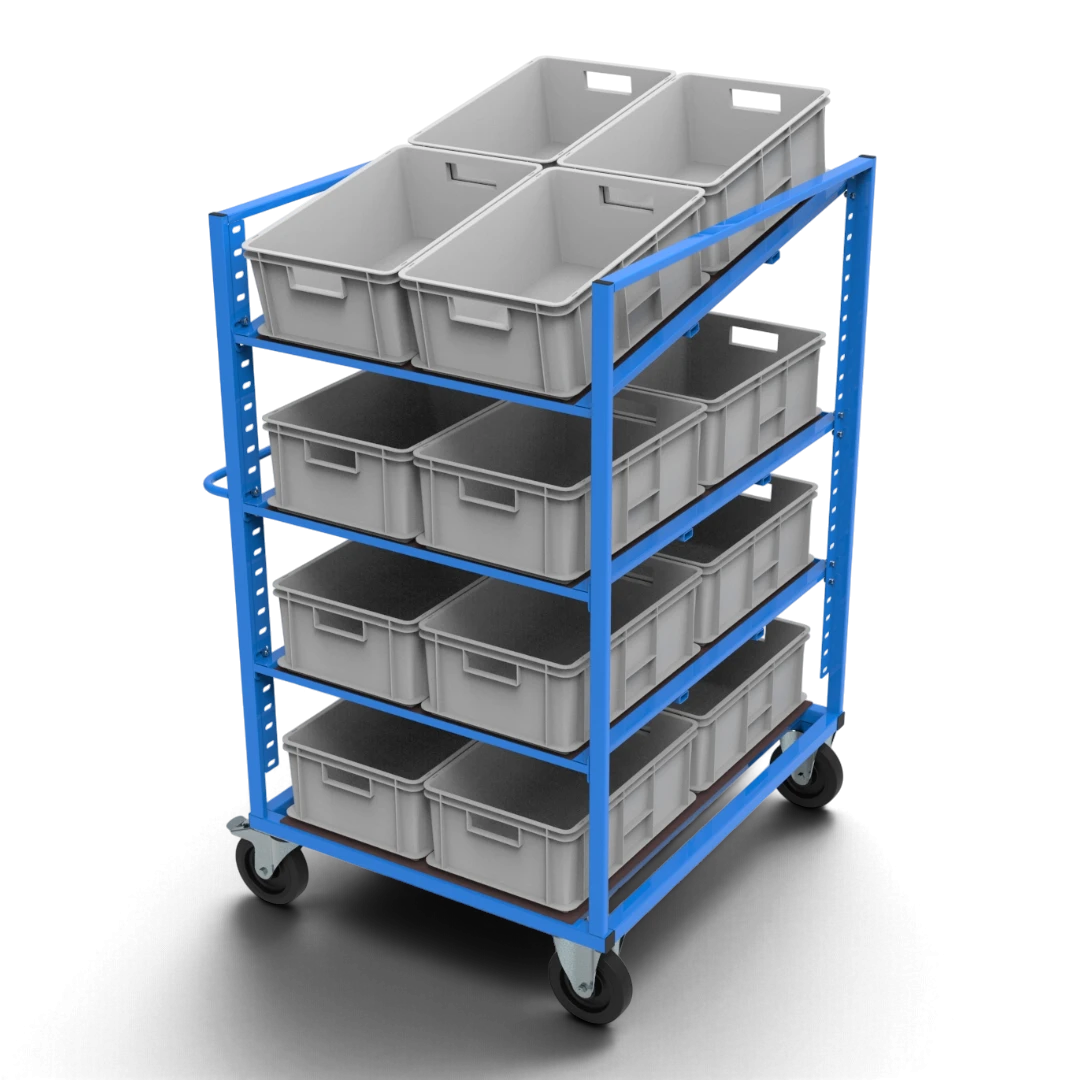Kommissionierwagen KLT für KLT-Behälter 600×400 mm – höhenverstellbare, neigbare Böden aus Siebdruckplatte und spurfreie Elastikgummirollen.