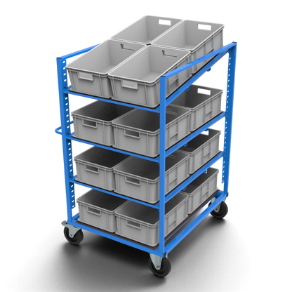 Kommissionierwagen KLT für KLT-Behälter 600×400 mm – höhenverstellbare, neigbare Böden aus Siebdruckplatte und spurfreie Elastikgummirollen.