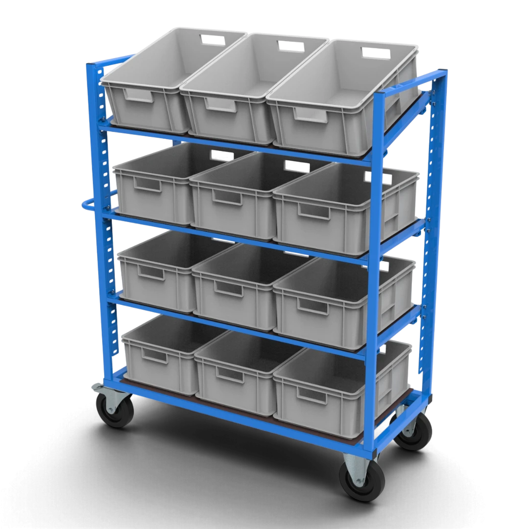 Kommissionierwagen KLT für KLT-Behälter 600×400 mm – höhenverstellbare, neigbare Böden aus Siebdruckplatte und spurfreie Elastikgummirollen.