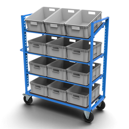 Kommissionierwagen KLT für KLT-Behälter 600×400 mm – höhenverstellbare, neigbare Böden aus Siebdruckplatte und spurfreie Elastikgummirollen.