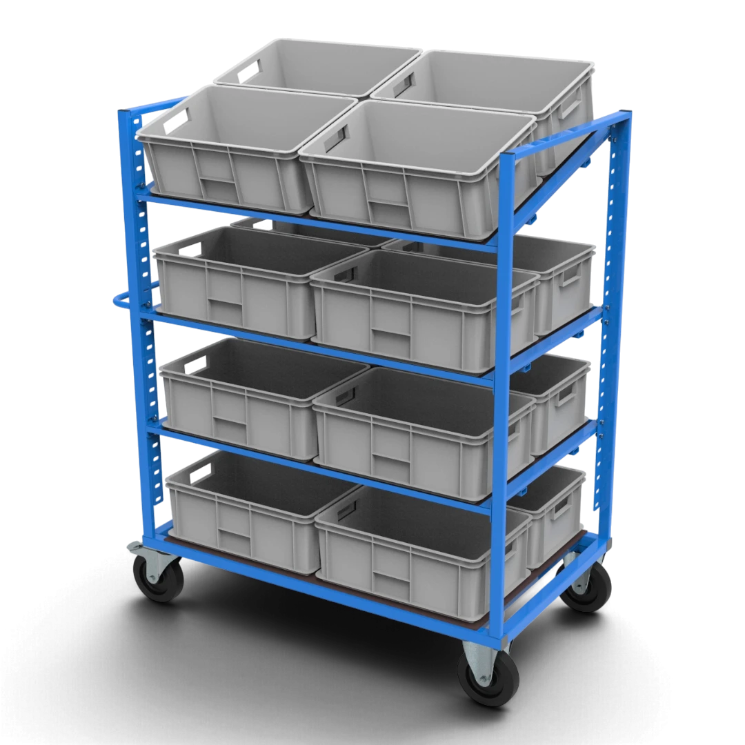 Kommissionierwagen KLT für KLT-Behälter 600×400 mm – höhenverstellbare, neigbare Böden aus Siebdruckplatte und spurfreie Elastikgummirollen.
