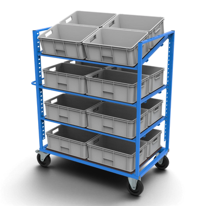 Kommissionierwagen KLT für KLT-Behälter 600×400 mm – höhenverstellbare, neigbare Böden aus Siebdruckplatte und spurfreie Elastikgummirollen.