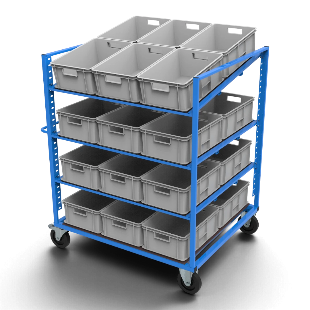Kommissionierwagen KLT für KLT-Behälter 600×400 mm – höhenverstellbare, neigbare Böden aus Siebdruckplatte und spurfreie Elastikgummirollen.