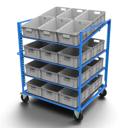 Kommissionierwagen KLT für KLT-Behälter 600×400 mm – höhenverstellbare, neigbare Böden aus Siebdruckplatte und spurfreie Elastikgummirollen.
