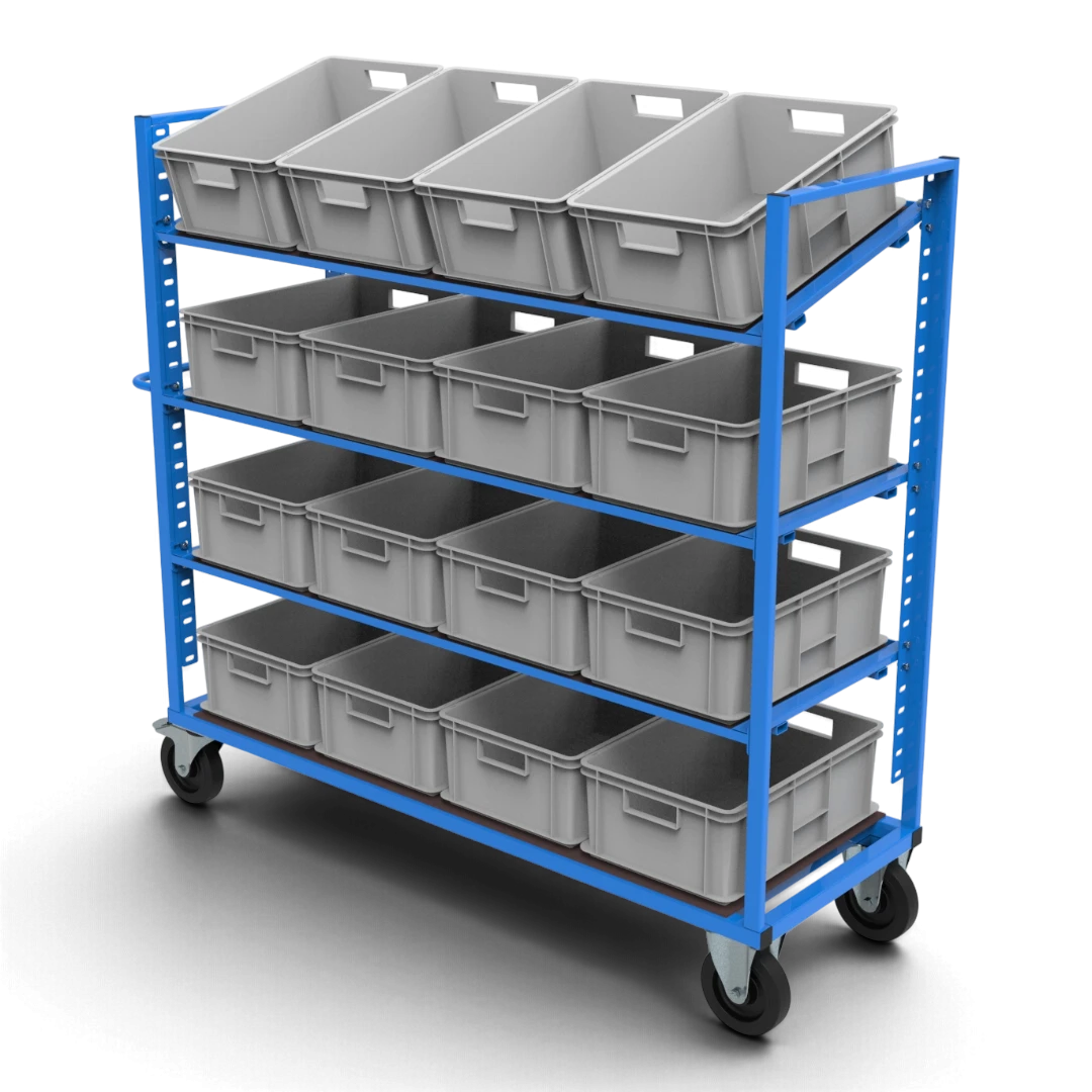 Kommissionierwagen KLT für KLT-Behälter 600×400 mm – höhenverstellbare, neigbare Böden aus Siebdruckplatte und spurfreie Elastikgummirollen.