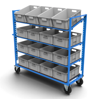 Kommissionierwagen KLT für KLT-Behälter 600×400 mm – höhenverstellbare, neigbare Böden aus Siebdruckplatte und spurfreie Elastikgummirollen.
