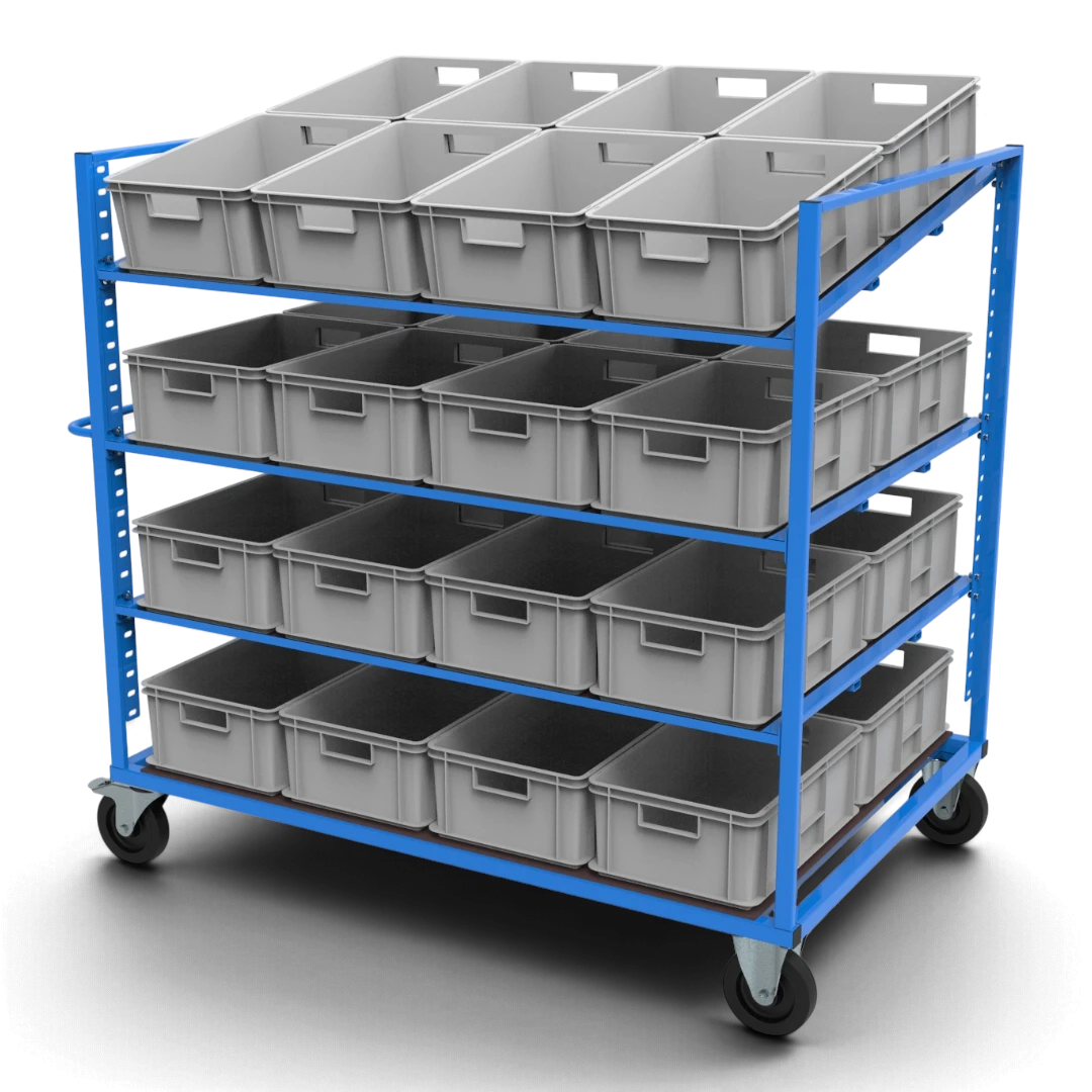 Kommissionierwagen KLT für KLT-Behälter 600×400 mm – höhenverstellbare, neigbare Böden aus Siebdruckplatte und spurfreie Elastikgummirollen.