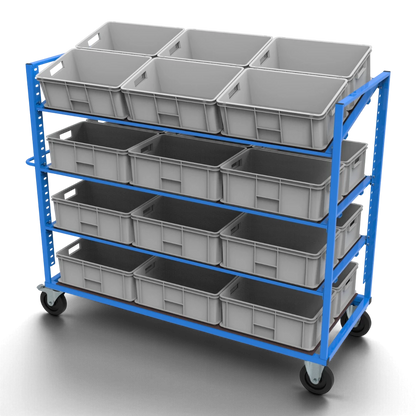 Kommissionierwagen KLT für KLT-Behälter 600×400 mm – höhenverstellbare, neigbare Böden aus Siebdruckplatte und spurfreie Elastikgummirollen.