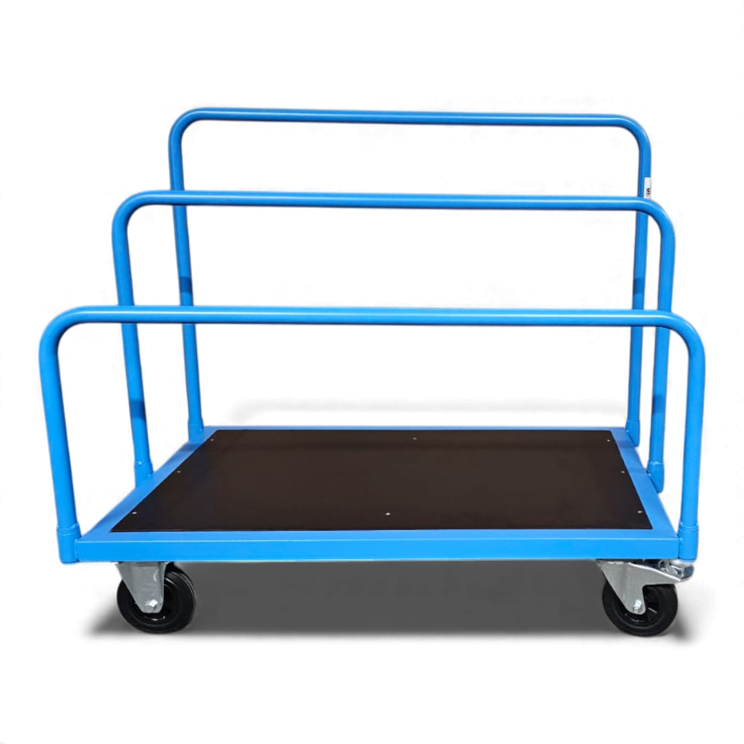 Stabiler Plattenwagen zum sicheren Transport von Holzplatten, Gipskarton oder Blechtafeln in Werkstatt und auf der Baustelle.