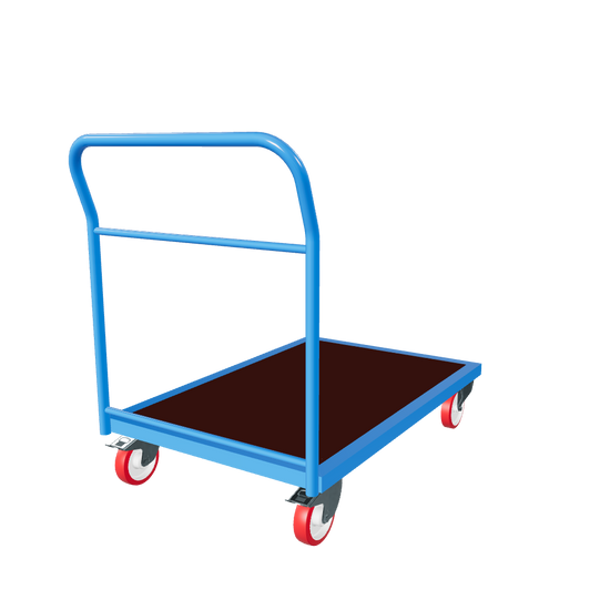 Plattformwagen mit Schiebebügel - Robuste Transportlösung für Lager & Industrie. Stahlrahmen, 4 Lenkrollen, bis 1000 kg Traglast.