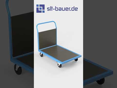 Plattformwagen mit Holz-Stirnwand - Stabiler Stahlrahmen mit Schutzgitter. Bis 1000 kg Traglast, 4 Lenkrollen.
