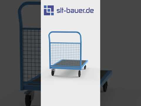 Plattformwagen mit Gitter-Stirnwand - Stabiler Stahlrahmen mit Schutzgitter. Bis 1000 kg Traglast, 4 Lenkrollen.