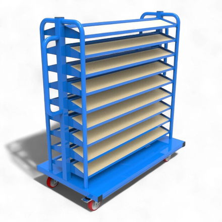 Kompakt-Rollwagen für Sichtlagerkästen - Schmale Bauform für enge Gänge, ideal für Werkstätten und Lager.
